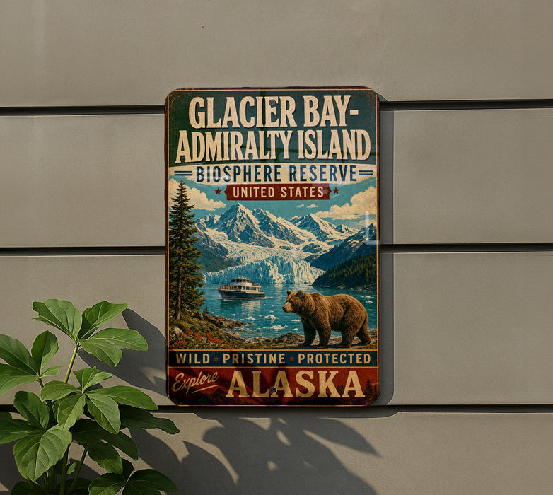 A vintage-style metal sign for Glacier Bay-Admiralty Island, Alaska, featuring a scenic image of a bear and a boat on a lake surrounded by mountains.