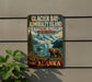 A vintage-style metal sign for Glacier Bay-Admiralty Island, Alaska, featuring a scenic image of a bear and a boat on a lake surrounded by mountains.