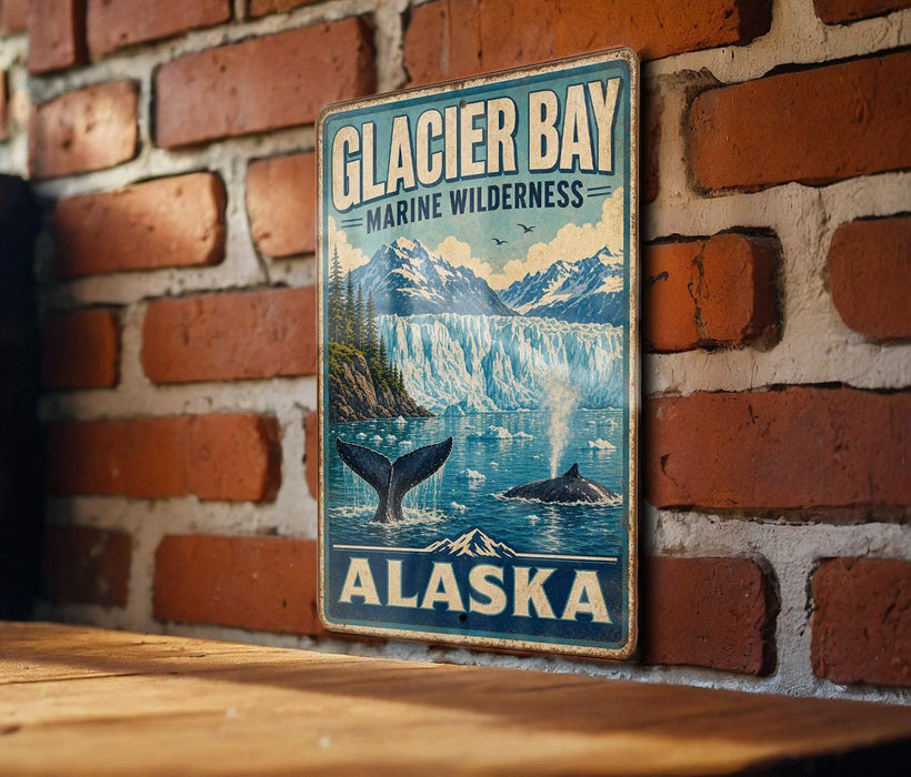 A vintage metal sign for Glacier Bay Marine Wilderness in Alaska, featuring a scenic image of a waterfall and a whale.