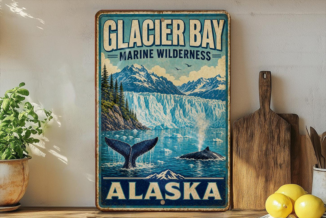 A vintage-style metal sign for Glacier Bay Marine Wilderness in Alaska, featuring a scenic illustration of a waterfall and a whale.