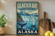 A vintage-style metal sign for Glacier Bay Marine Wilderness in Alaska, featuring a scenic illustration of a waterfall and a whale.
