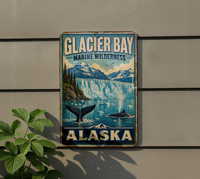 A vintage-style metal sign for Glacier Bay National Park in Alaska, featuring a scenic image of the waterfall and surrounding landscape.