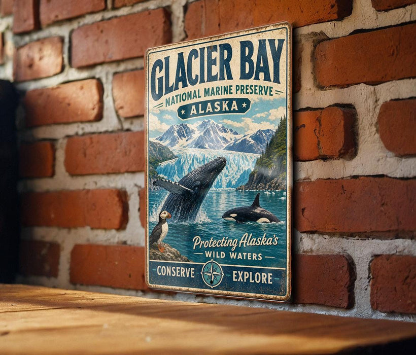 A vintage metal sign for Glacier Bay National Marine Preserve in Alaska, featuring an illustration of a whale and mountains in the background.