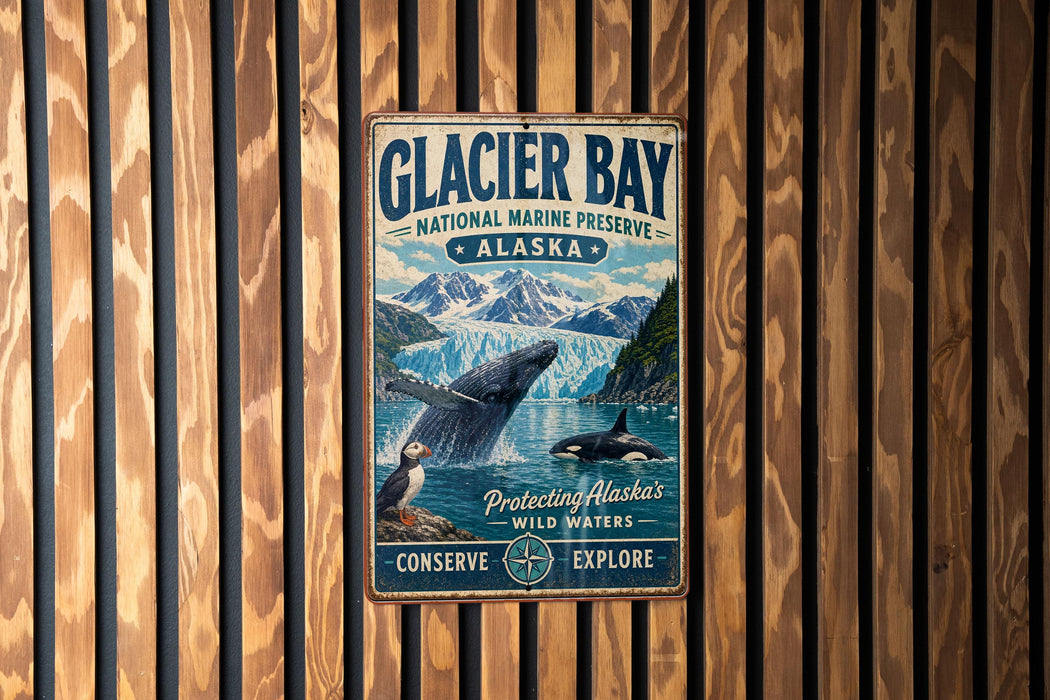 A vintage metal sign for Glacier Bay National Marine Preserve in Alaska, featuring an illustration of a whale and mountains.