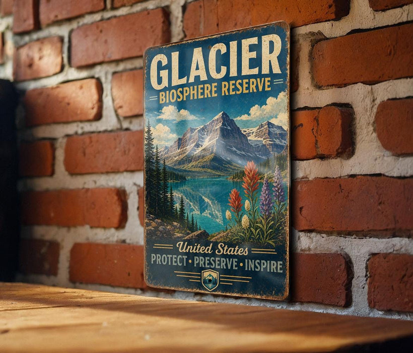 A vintage-style sign for Glacier Biosphere Reserve, featuring a scenic mountain landscape with a lake and colorful wildflowers.