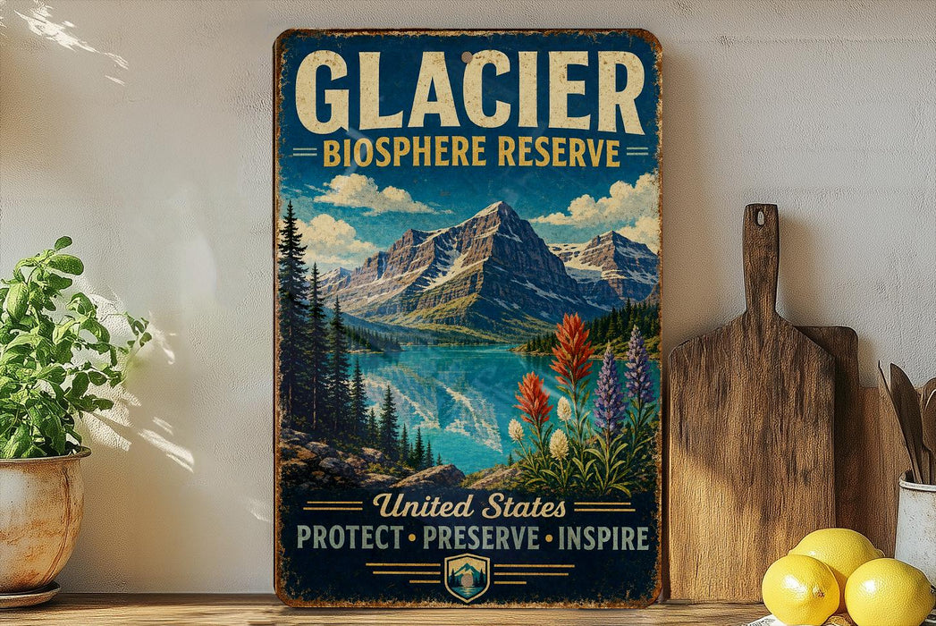 A vintage-style sign for the Glacier Biosphere Reserve in the United States, featuring a scenic mountain landscape with a lake and colorful wildflowers.
