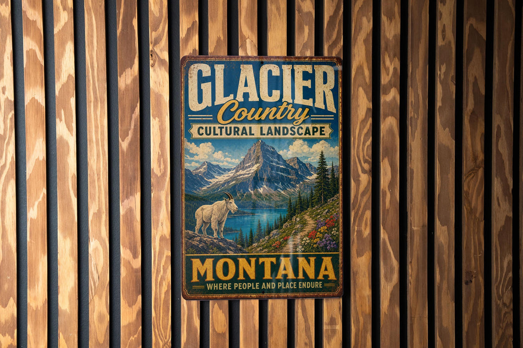 A vintage metal sign for Glacier Country Cultural Landscape, featuring a mountain landscape with a white goat, mounted on a wooden wall.