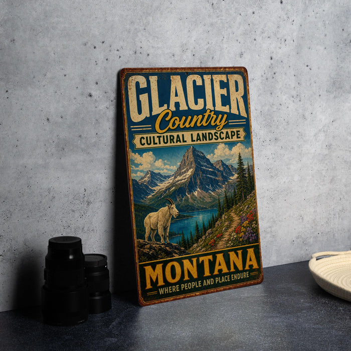 A vintage-style metal sign advertising Glacier Country, Montana, with a mountain landscape and a goat.