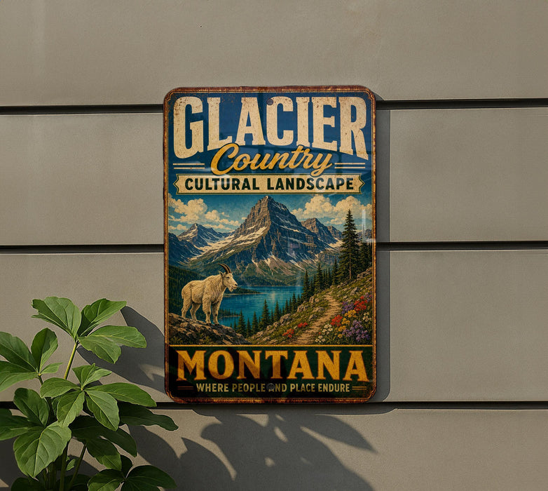 A vintage-style sign for Glacier Country, Montana, featuring a mountain landscape with a goat and a lake.
