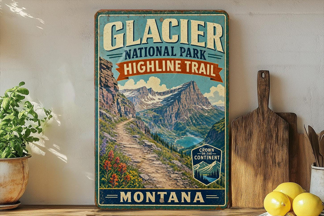 A vintage-style sign for Glacier National Park Highline Trail in Montana, featuring a scenic mountain landscape with a winding trail.