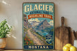 A vintage-style sign for Glacier National Park Highline Trail in Montana, featuring a scenic mountain landscape with a winding trail.