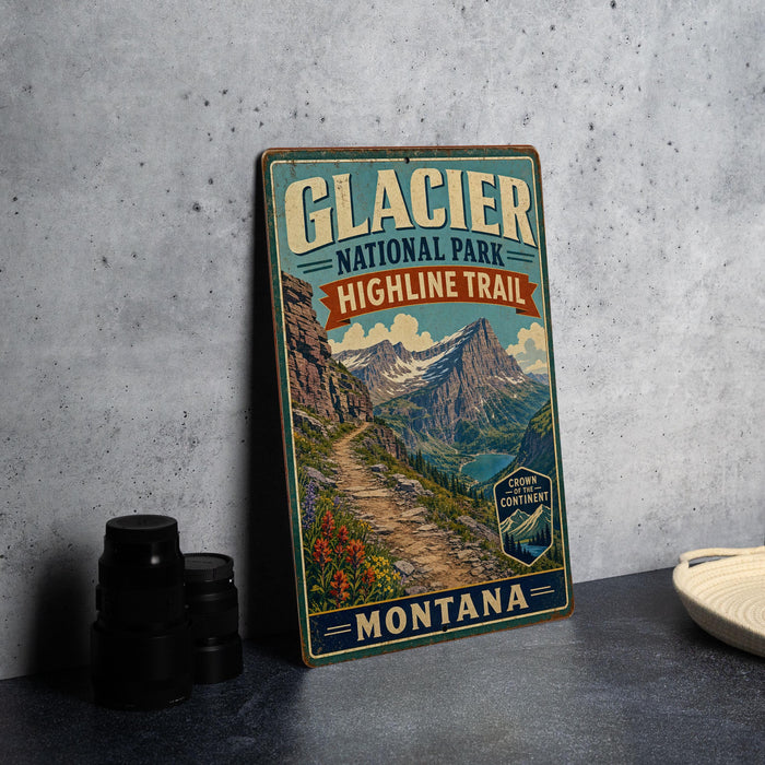 A vintage-style metal sign for Glacier National Park's Highline Trail, featuring a scenic mountain landscape with a winding trail.