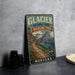 A vintage-style metal sign for Glacier National Park's Highline Trail, featuring a scenic mountain landscape with a winding trail.