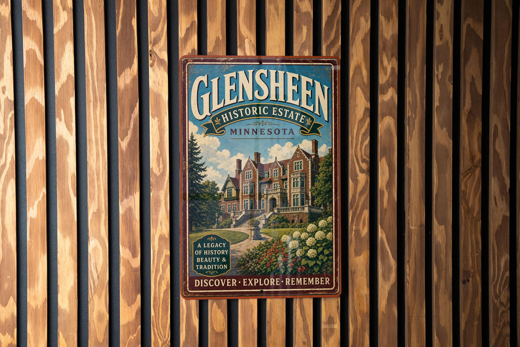 A vintage-style metal sign for Glensheen Historic Estate in Minnesota, featuring a large illustration of a historic building surrounded by a well-manicured garden.