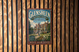 A vintage-style metal sign for Glensheen Historic Estate in Minnesota, featuring a large illustration of a historic building surrounded by a well-manicured garden.
