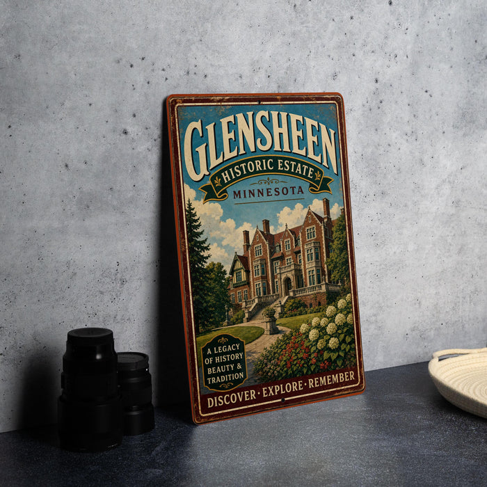 A vintage-style metal sign for Glensheen Historic Estate in Minnesota, featuring an illustration of a large house surrounded by trees and flowers.