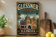A vintage-style sign for the Glissner House in Illinois, featuring an illustration of the historic building and the text "A MASTERPIECE OF AMERICAN ARCHITECTURE" and "ILLINOIS CHICAGO'S HISTORIC TREASURE".