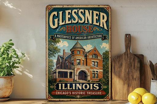 A vintage-style sign for the Glissner House in Illinois, featuring an illustration of the historic building and the text "A MASTERPIECE OF AMERICAN ARCHITECTURE" and "ILLINOIS CHICAGO'S HISTORIC TREASURE".