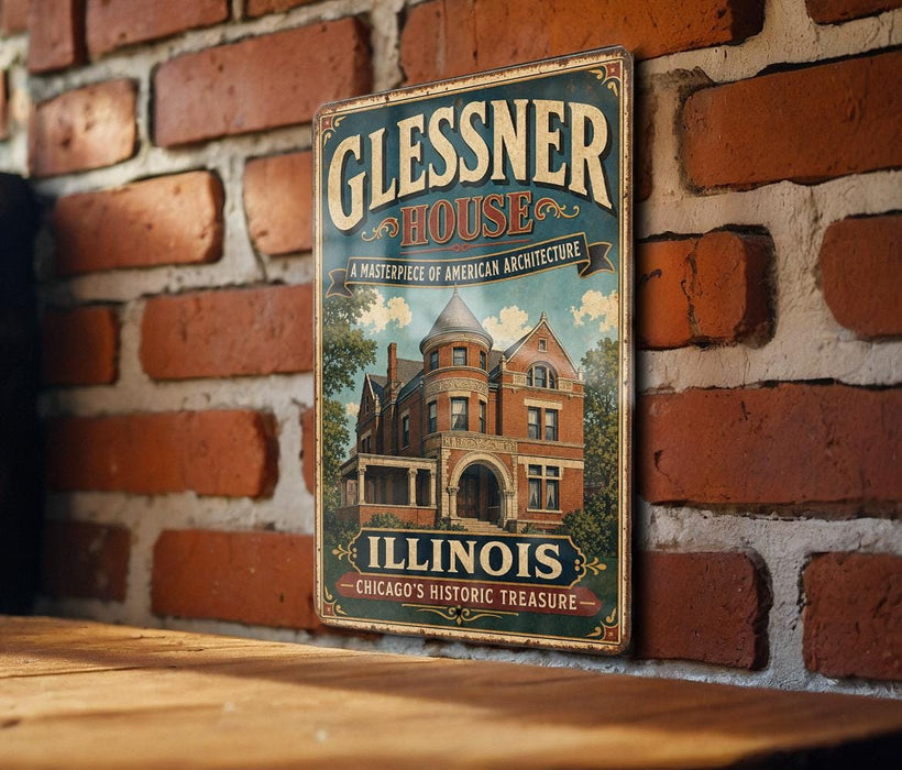 A vintage-style metal sign for the Glissner House in Illinois, featuring an illustration of the historic building and the text "Glissner House Chicago's Historic Treasure".