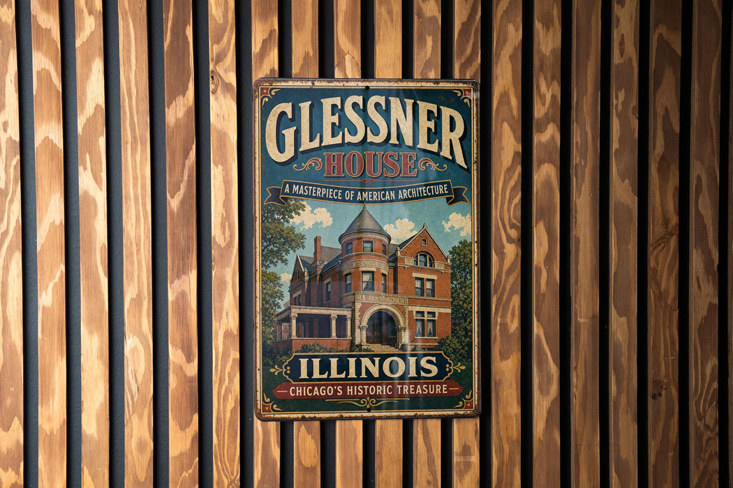 A vintage metal sign for the Glissner House in Illinois, featuring an illustration of the historic building.