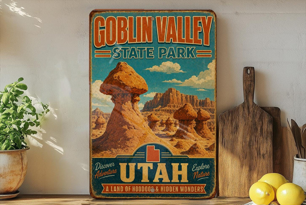 A vintage-style metal sign for Goblin Valley State Park, featuring a desert landscape with rock formations and mountains, is displayed on a shelf next to a wooden cutting board and some lemons.