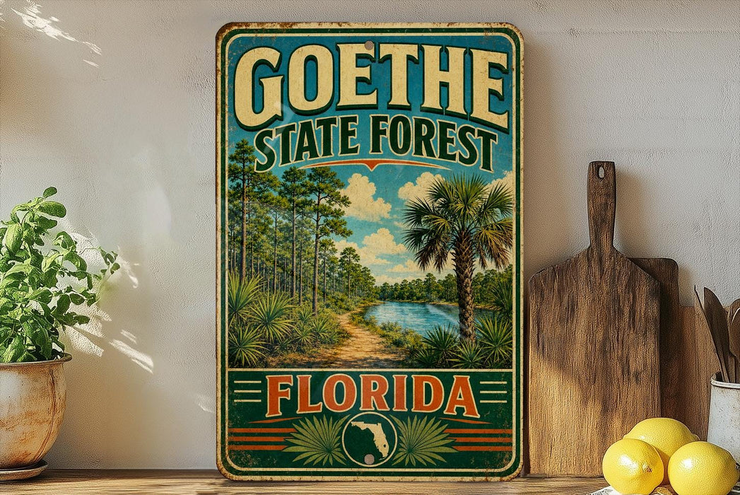 A vintage-style sign for Goethe State Forest in Florida, featuring a tropical landscape with palm trees and a river.
