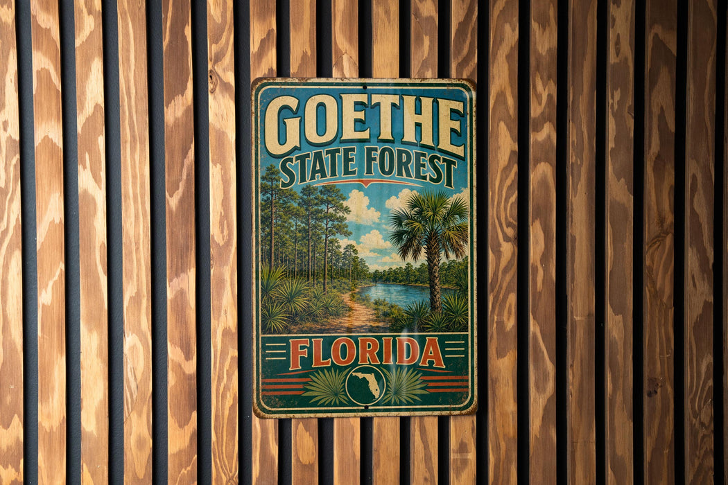 A vintage metal sign for Goethe State Forest in Florida, featuring a palm tree and a path leading through the forest.