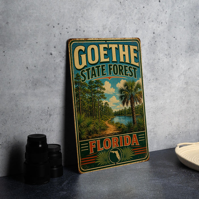 A vintage-style metal sign for Goethe State Forest in Florida, featuring a tropical landscape with palm trees and a body of water.