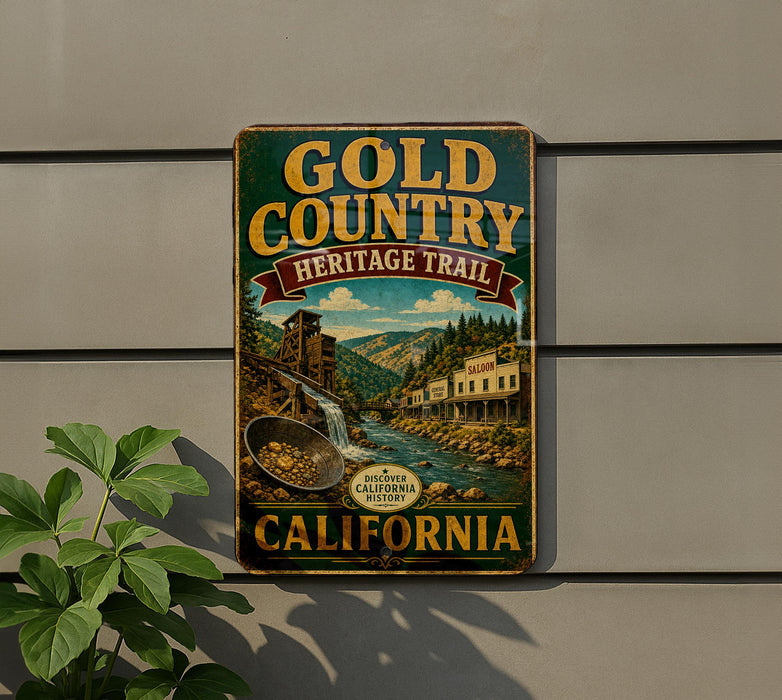 A vintage-style sign for the Gold Country Heritage Trail in California, featuring a scenic illustration of a gold pan and a waterfall.