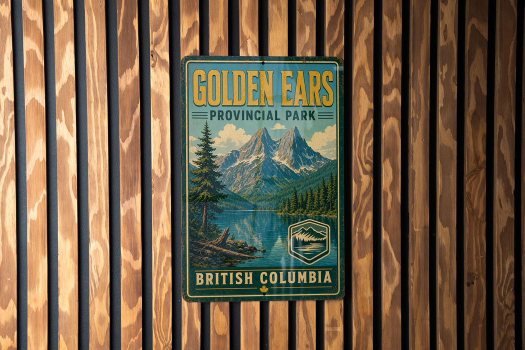 A vintage-style sign for Golden Ears Provincial Park in British Columbia, Canada, featuring a mountain landscape and a pine tree.
