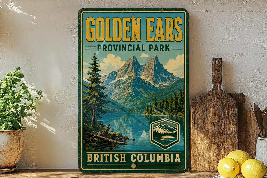 A vintage-style sign for Golden Ears Provincial Park in British Columbia, featuring a scenic mountain landscape with pine trees and a lake.
