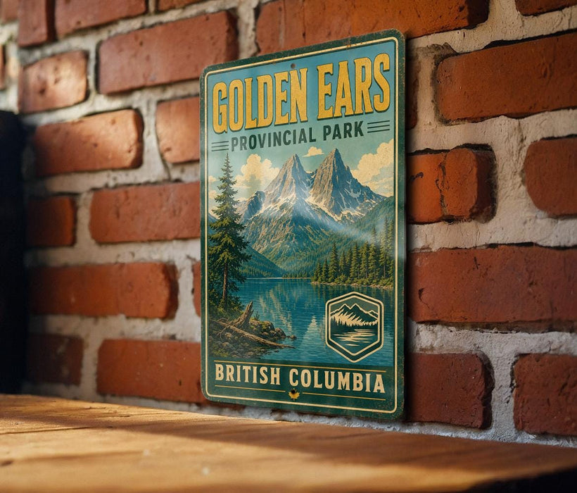 A vintage-style sign for Golden Ears Provincial Park in British Columbia, Canada, featuring a mountain landscape and a lake.