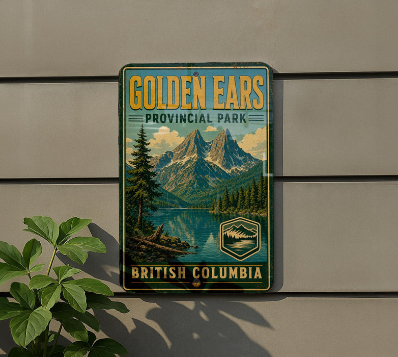 A vintage-style sign for Golden Ears Provincial Park in British Columbia, Canada, featuring a scenic mountain landscape with a lake and pine trees.