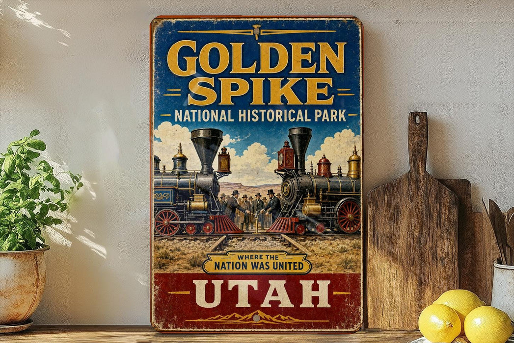a vintage-style sign for Golden Spike National Historical Park in Utah, with a train illustration and text.