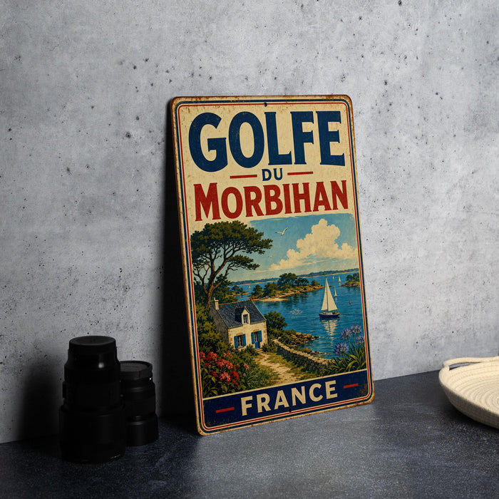 A vintage-style metal sign with the text "GOLFÉ DU MORBIHAN FRANCE" is displayed on a gray concrete surface, accompanied by a small white dish and a stack of black camera lenses.