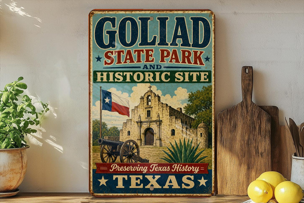 A vintage-style metal sign for Goliad State Park and Historic Site, featuring an illustration of the historic building and a cannon, with the text "Preserving Texas History" and "GOLIAD STATE PARK AND HISTORIC SITE".