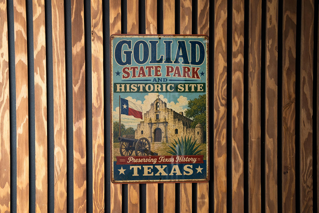 A vintage-style metal sign for Goliad State Park and Historic Site, featuring a historical building and a Texas flag, is displayed on a wooden wall.