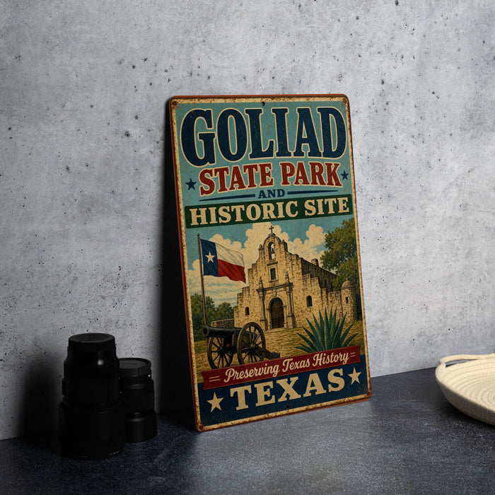 A vintage-style metal sign for Goliad State Park and Historic Site, featuring an illustration of the historic building and a Texas flag.