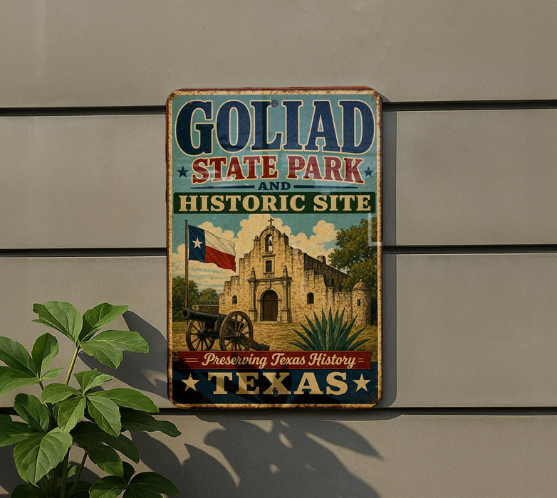 A vintage-style metal sign for Goliad State Park and Historic Site, featuring an illustration of the historic building and a Texas flag.