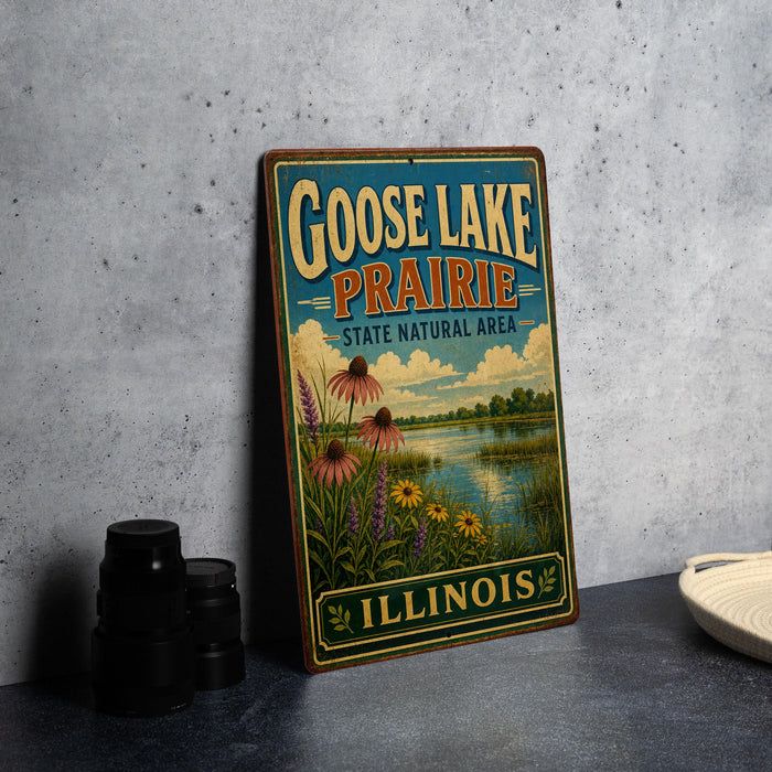 A vintage-style metal sign for Goose Lake Prairie, Illinois, featuring a scenic landscape with flowers and a lake.