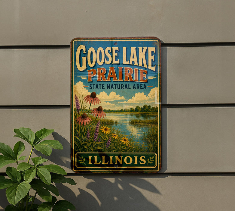 A vintage-style sign for Goose Lake Prairie, Illinois, featuring a scenic landscape with flowers and a lake.