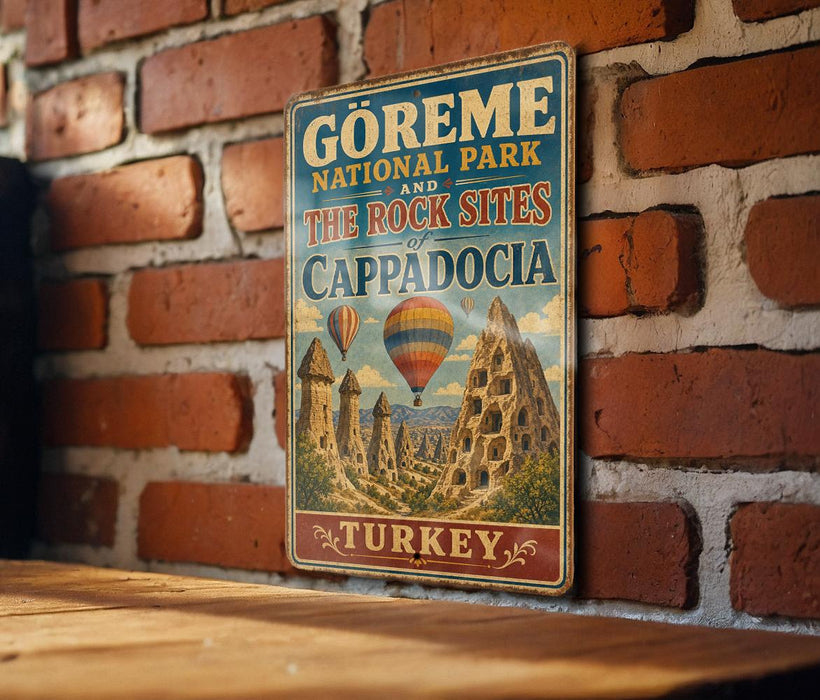 A vintage-style sign for the GÜREME National Park and the Rock Sites of Cappadocia, Turkey, featuring a hot air balloon and a castle-like structure.
