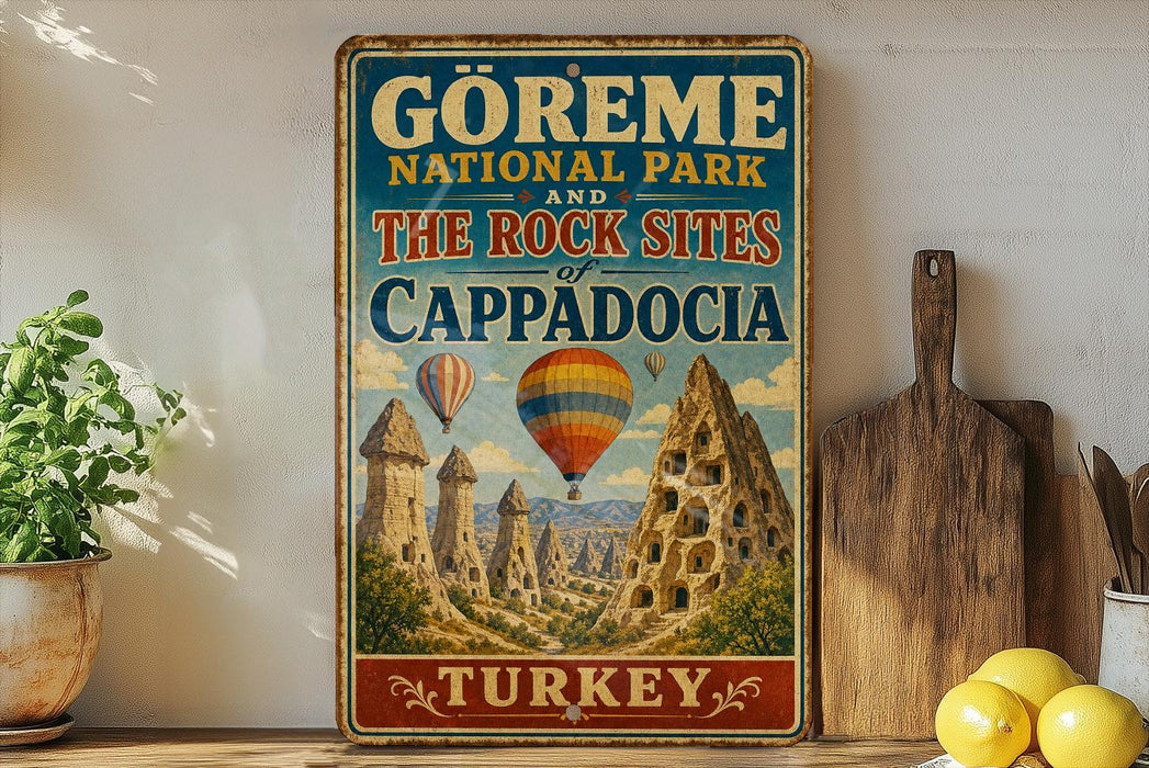 A vintage-style sign advertising the Görme National Park and the rock sites of Cappadocia, Turkey, with a colorful illustration of the rock formations and hot air balloons.