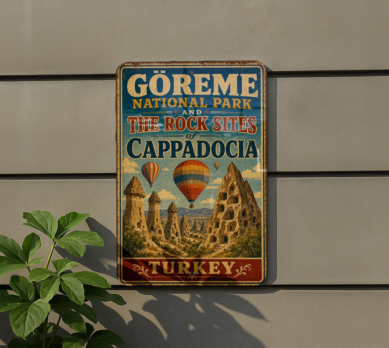 A vintage-style sign for the Görme National Park and the Rock Sites of Cappadocia, Turkey, featuring a colorful illustration of the rock formations and hot air balloons.