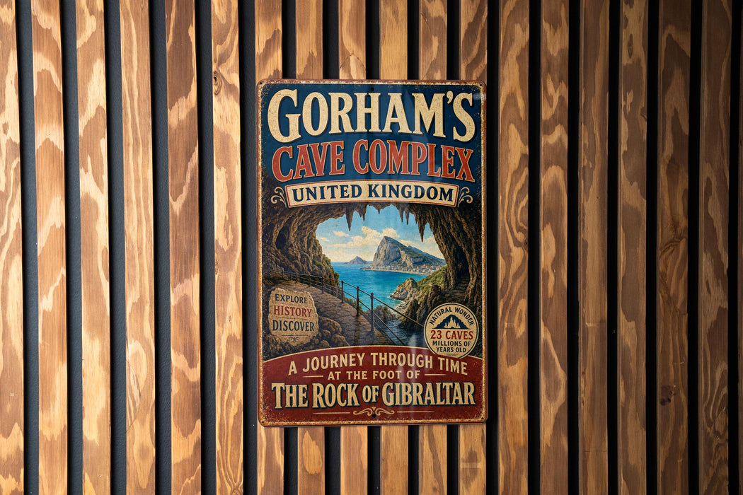 A vintage-style metal sign for Gorham's Cave Complex, United Kingdom, featuring a scenic image of the cave entrance and a message about the cave's history and natural wonder.