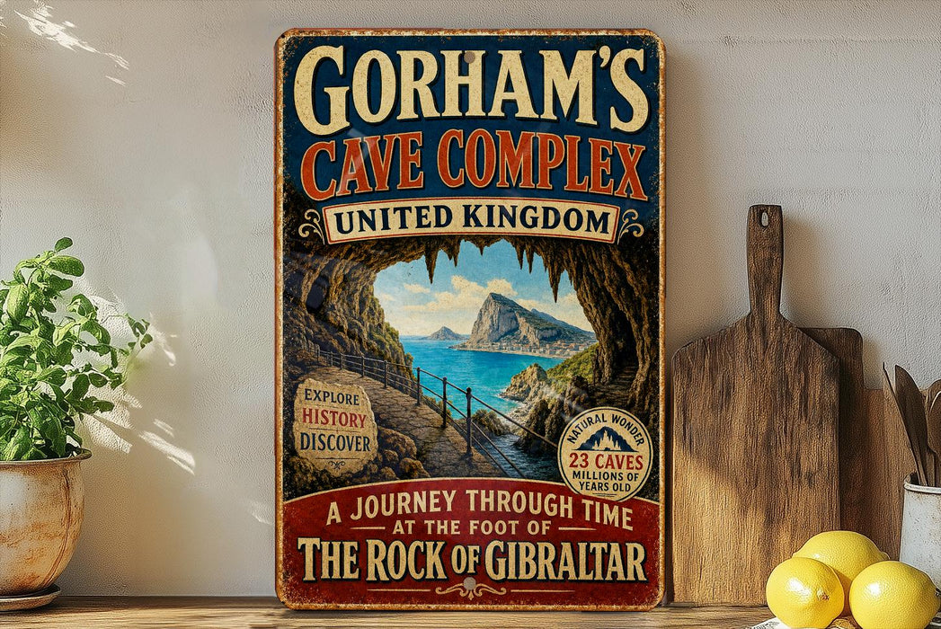 A vintage-style metal sign advertising the Gorham's Cave Complex in United Kingdom, featuring a scenic image of the cave entrance and a description of the cave exploration.