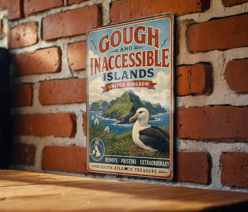 A vintage-style metal sign with the text "GOUGH AND INACCESSIBLE ISLANDS UNITED KINGDOM" and an illustration of a seagull on a grassy island.