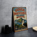 A vintage-style sign advertising the "Gough and Inaccessible Islands" in the United Kingdom, featuring a seagull and a mountainous landscape.