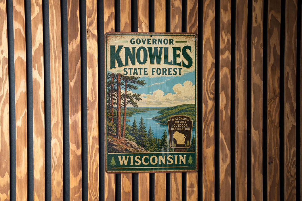 A vintage metal sign for Governor Knowles State Forest in Wisconsin, featuring a scenic landscape with pine trees, a lake, and mountains.