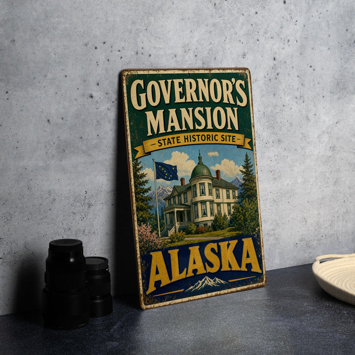 A vintage-style sign for Governor's mansion in Alaska, featuring a large illustration of the mansion and the state's flag.